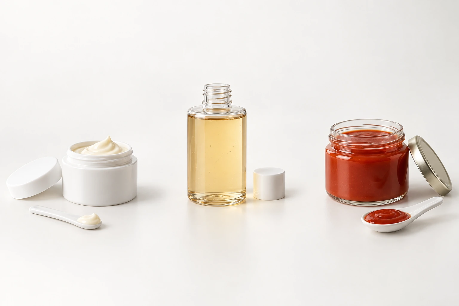 Illustrative cream jar, personal-care liquid bottle and smooth sauce jar
