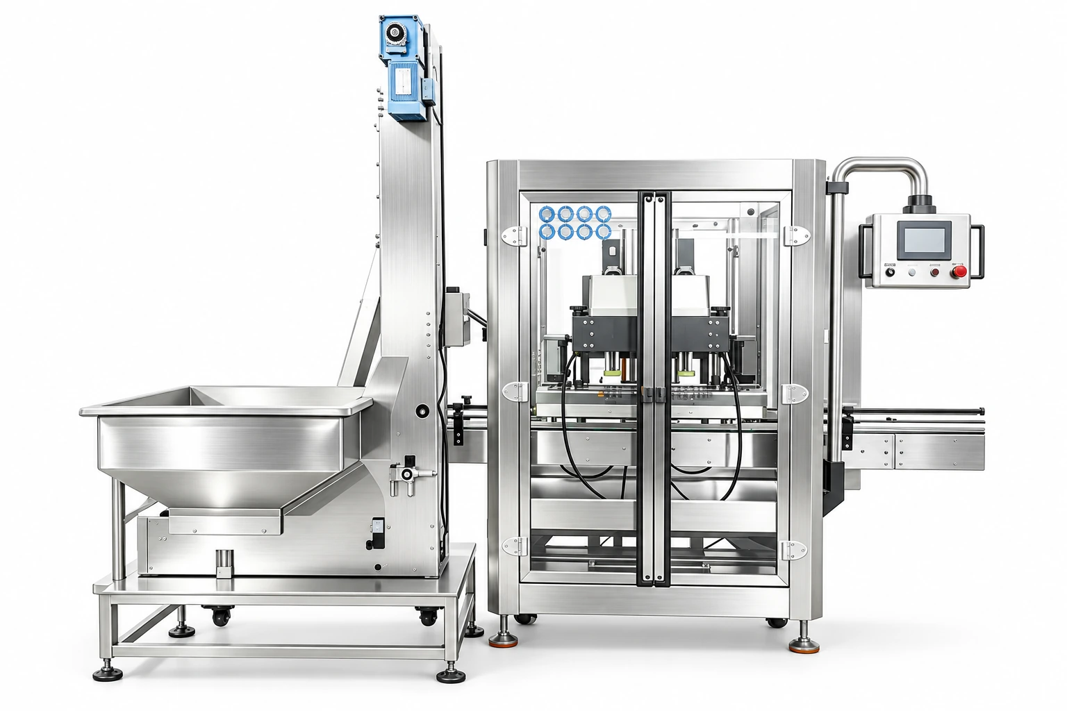 Conveyor-fed dual-head servo wheel capping equipment