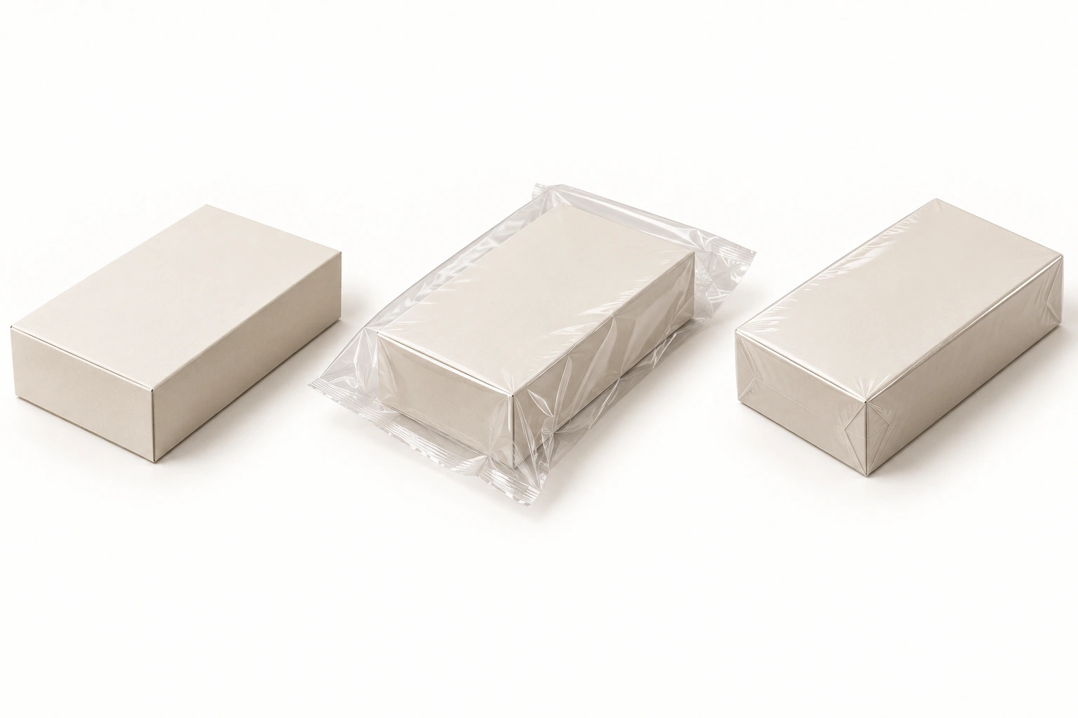 Three stages showing a bare carton, loosely sealed film and the shrink-wrapped carton